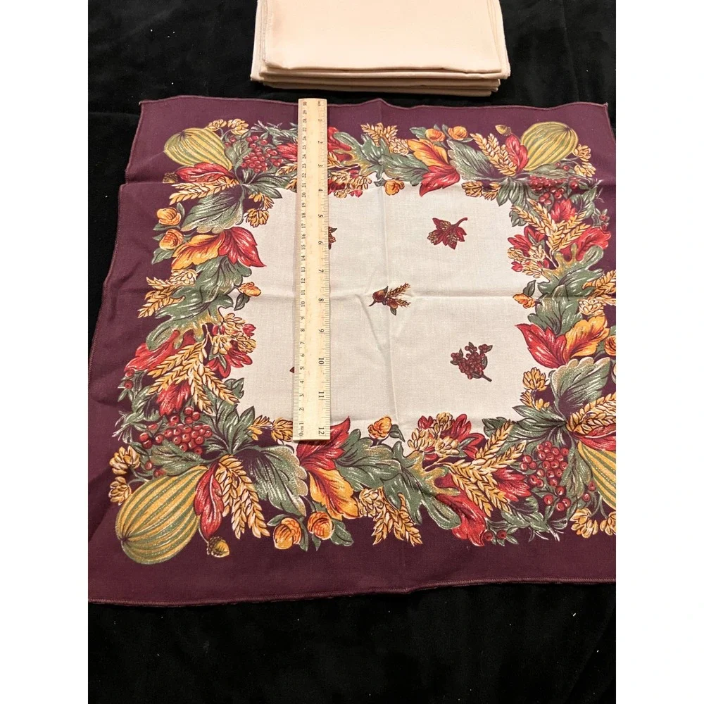 Lot of Cloth Napkins 7pc Cream Burgundy Harvest Autumn Floral 17x17